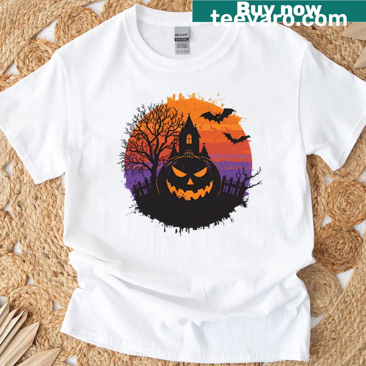 Vintage Halloween-themed shirt with ghosts and bats — on a men's t-shirt