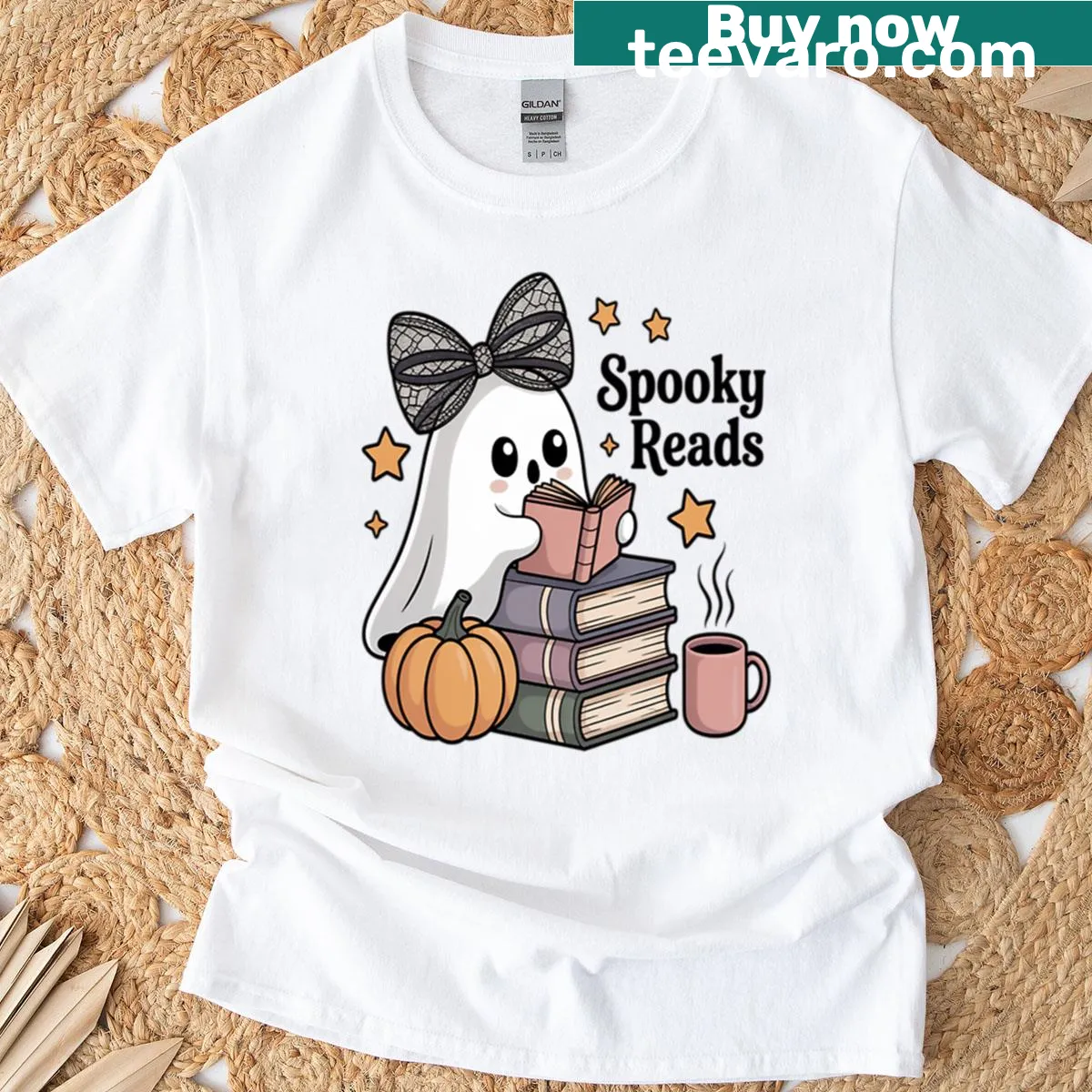 Cute pumpkin and book graphic on a Halloween-themed T-shirt. — on a men's t-shirt