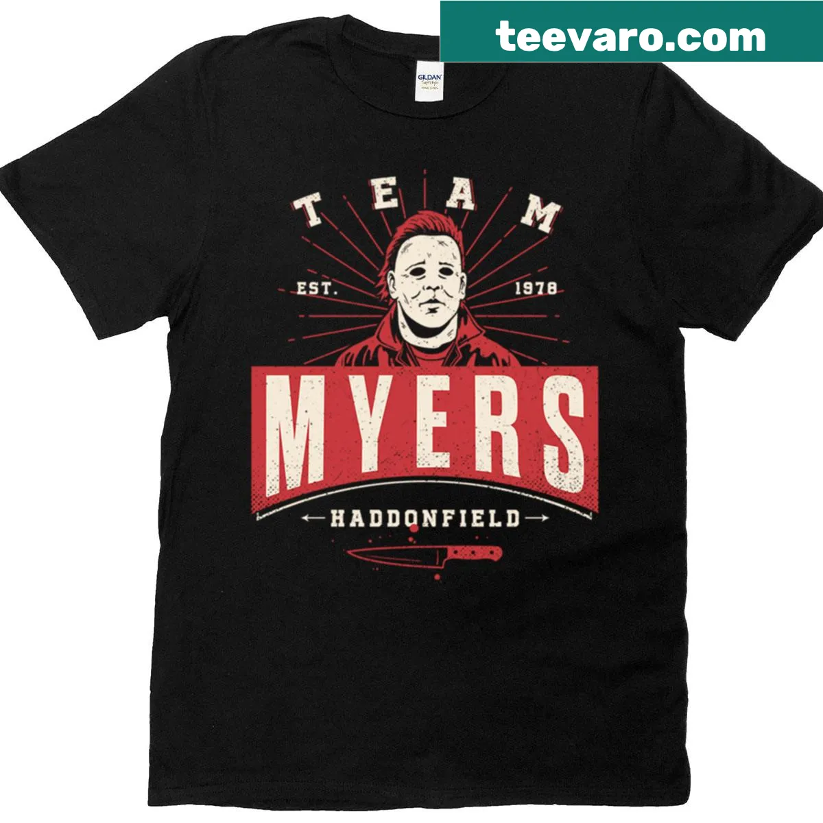 Boxy T-shirt featuring Team Myers logo typography — on a men's t-shirt