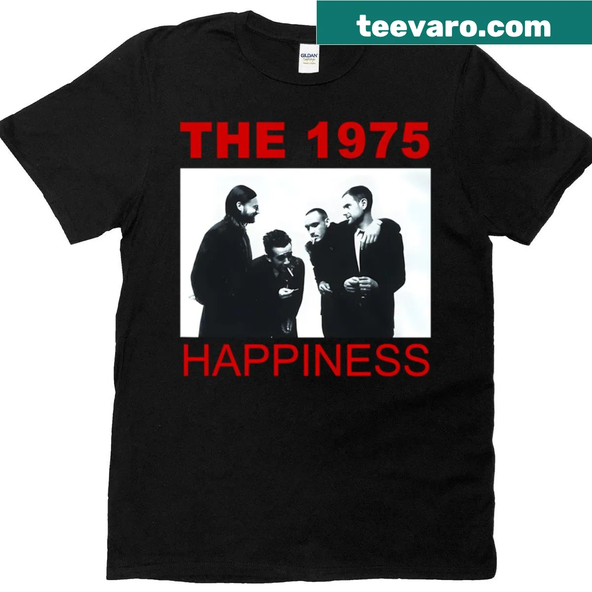 The 1975 Happiness t-shirt featuring the band's name and positive message — on a men's t-shirt