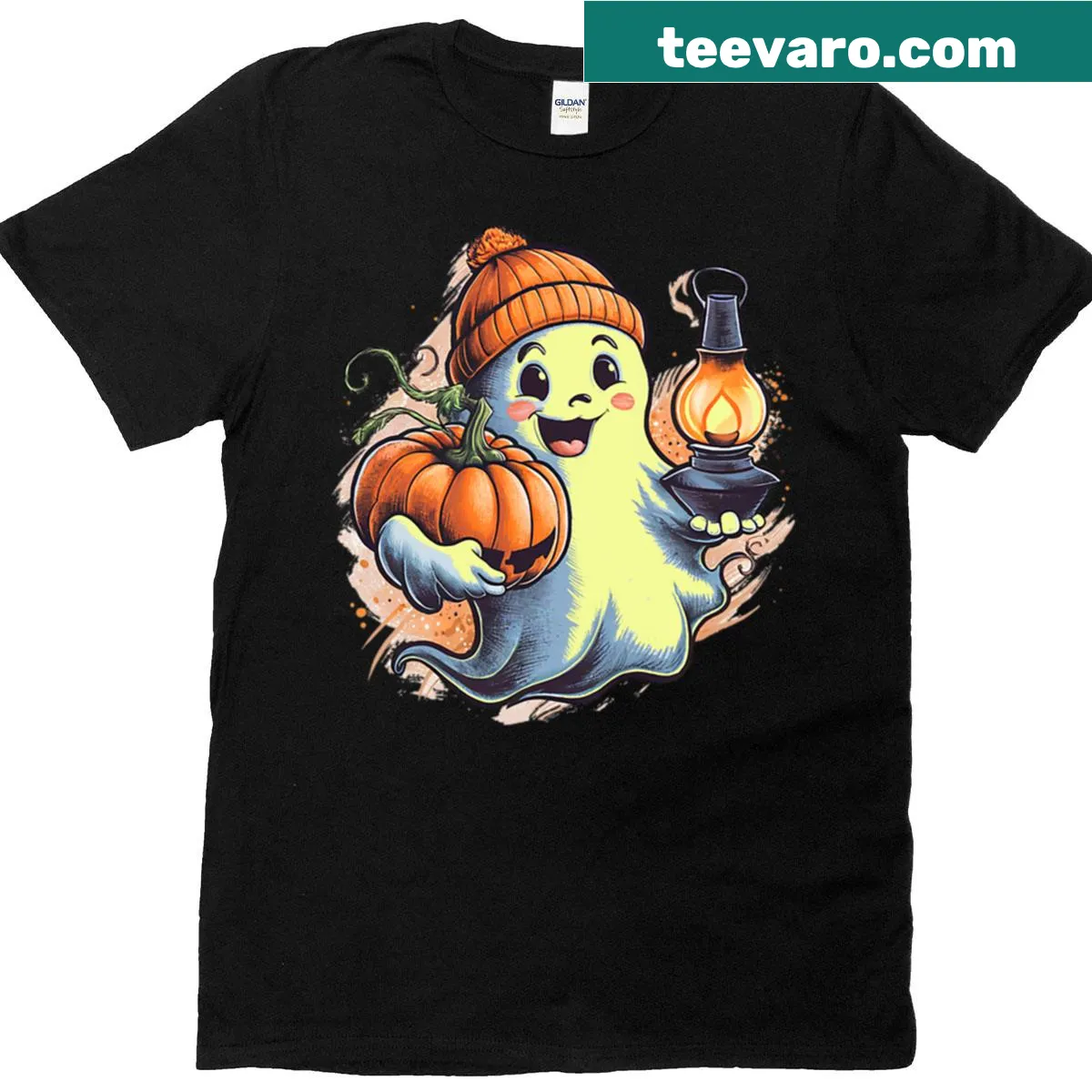 Whimsical graphic of a friendly ghost on a T-shirt — on a men's t-shirt