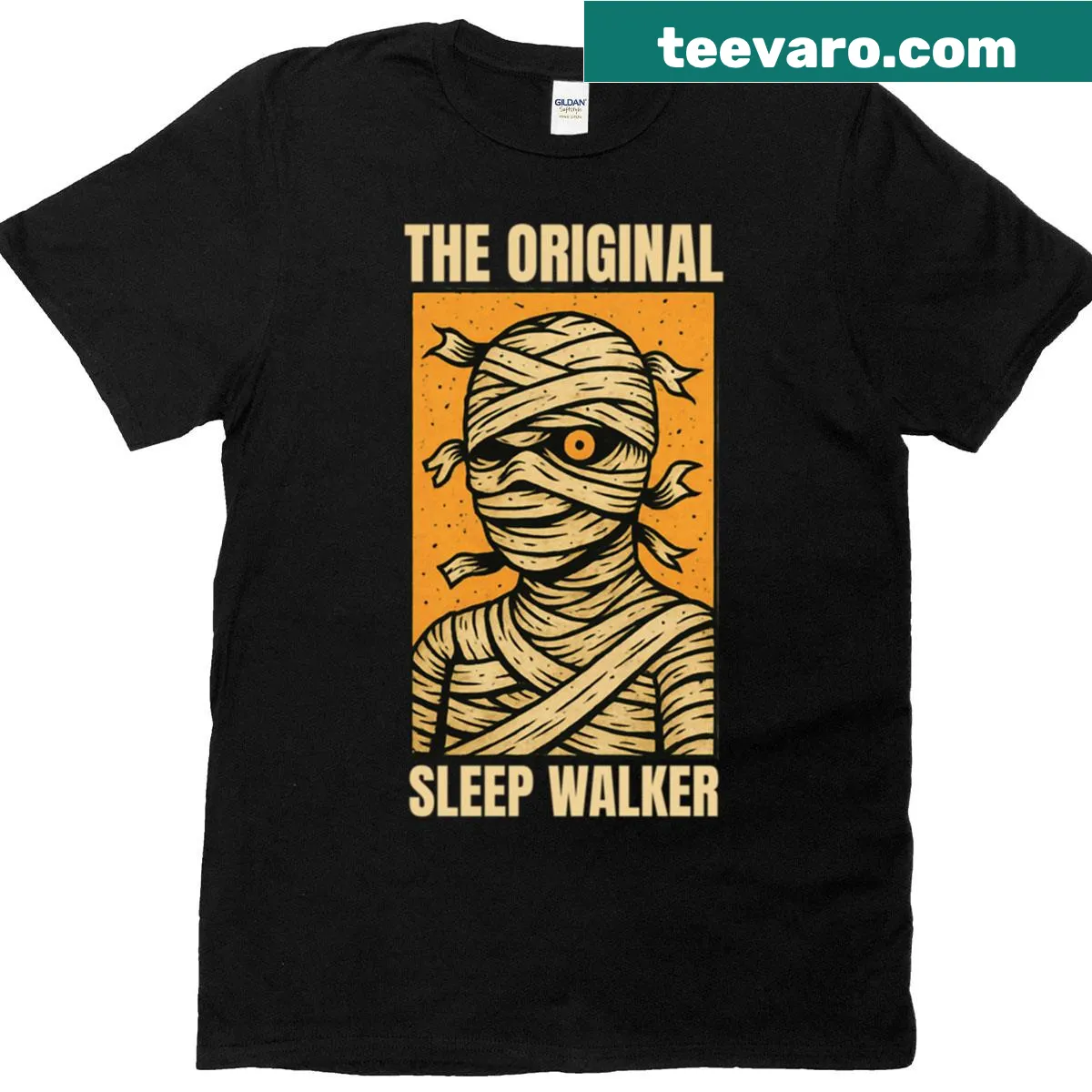 Vintage t-shirt with a horror-themed mummy design — on a men's t-shirt