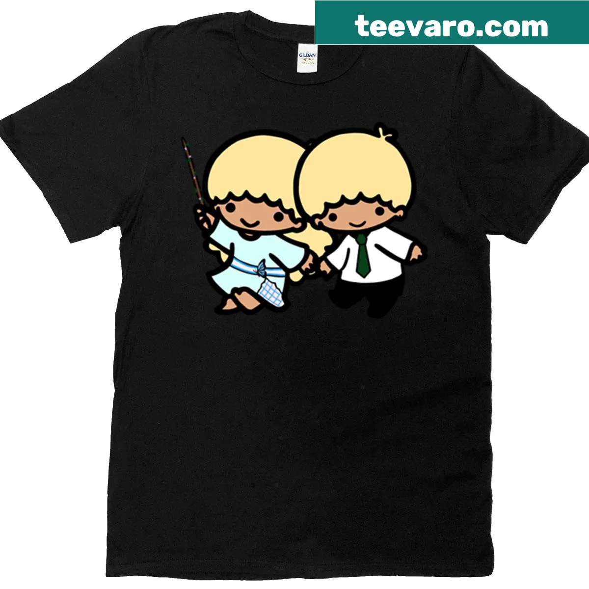 T-shirt featuring the Rosier Twins as Kiki and Lala in cartoon style — on a men's t-shirt