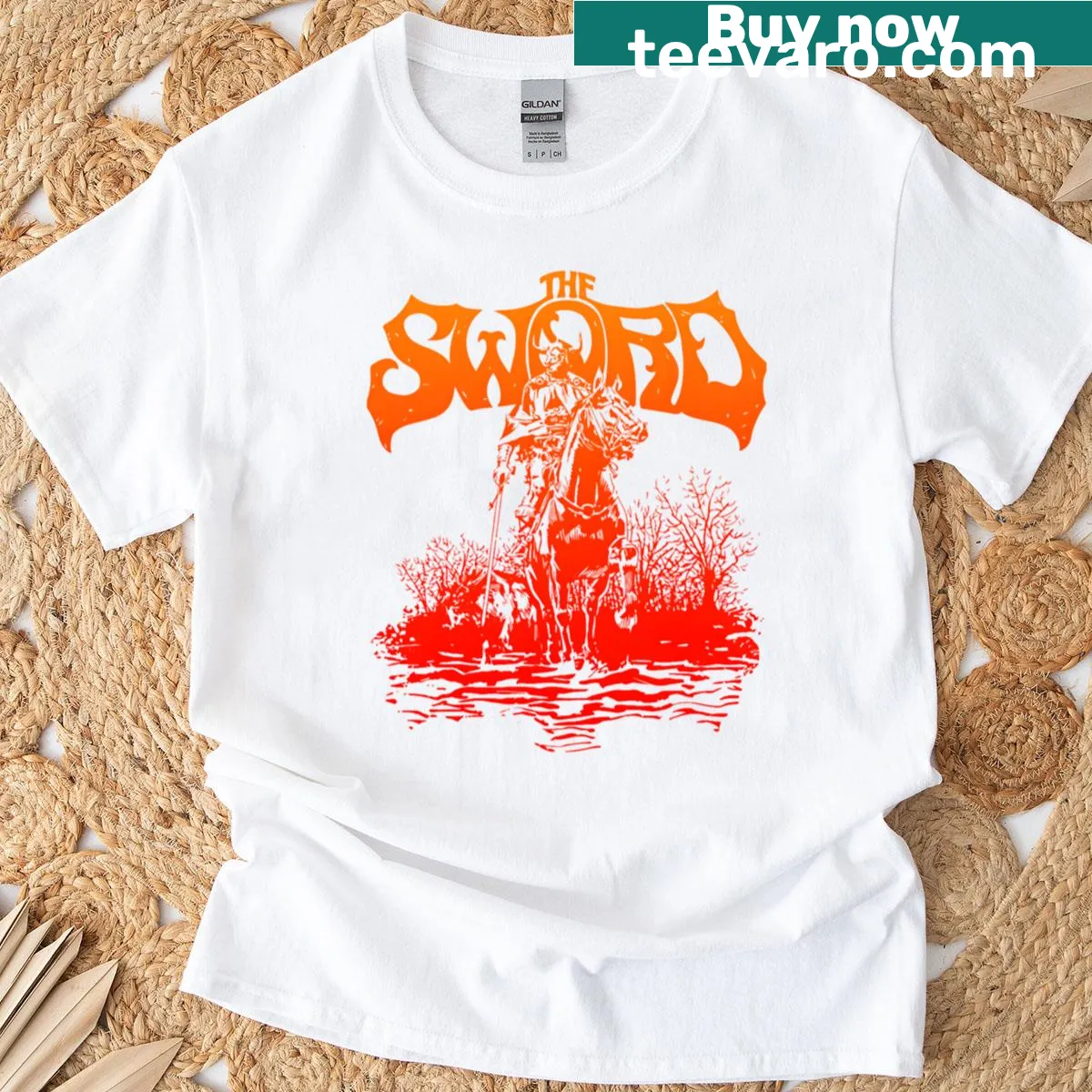 Bold typography design featuring The Sword band name on a T-shirt. — on a men's t-shirt