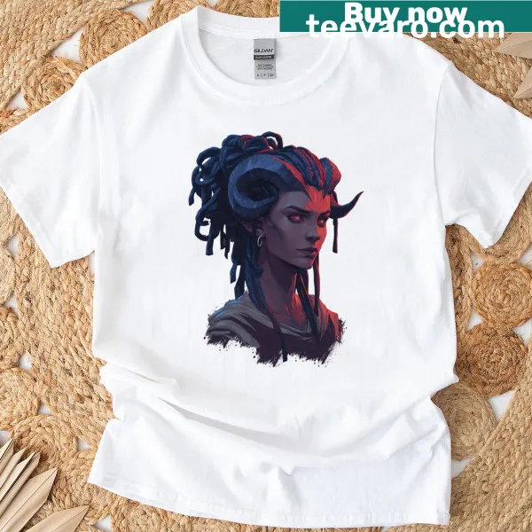 Illustrated portrait of a tiefling girl character on a t-shirt