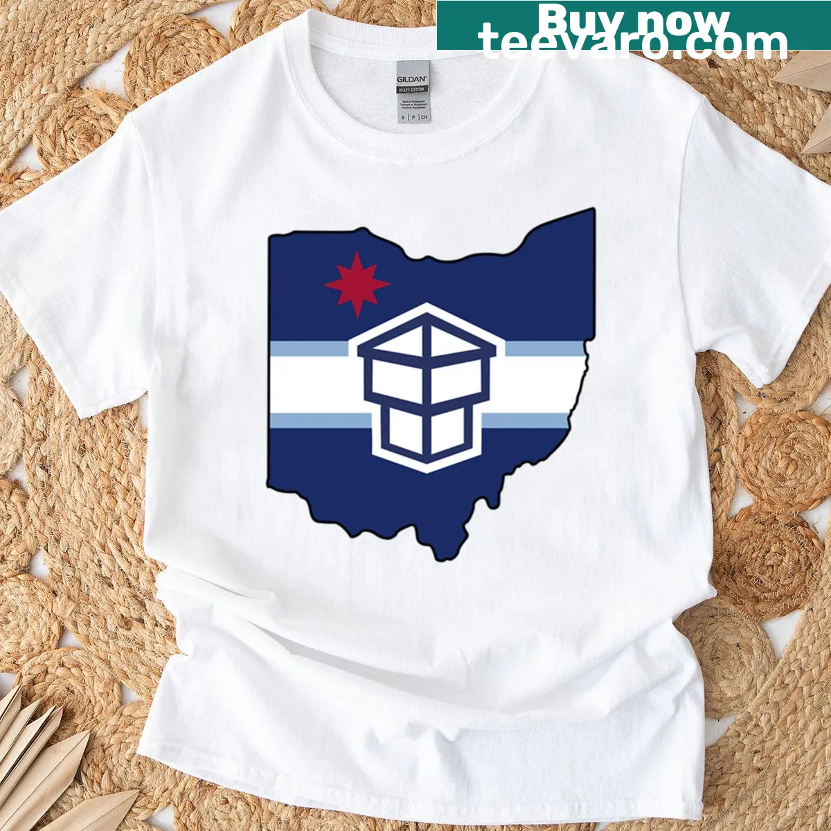 T-shirt featuring the Toledo Flag emblem in a badge design. — on a men's t-shirt