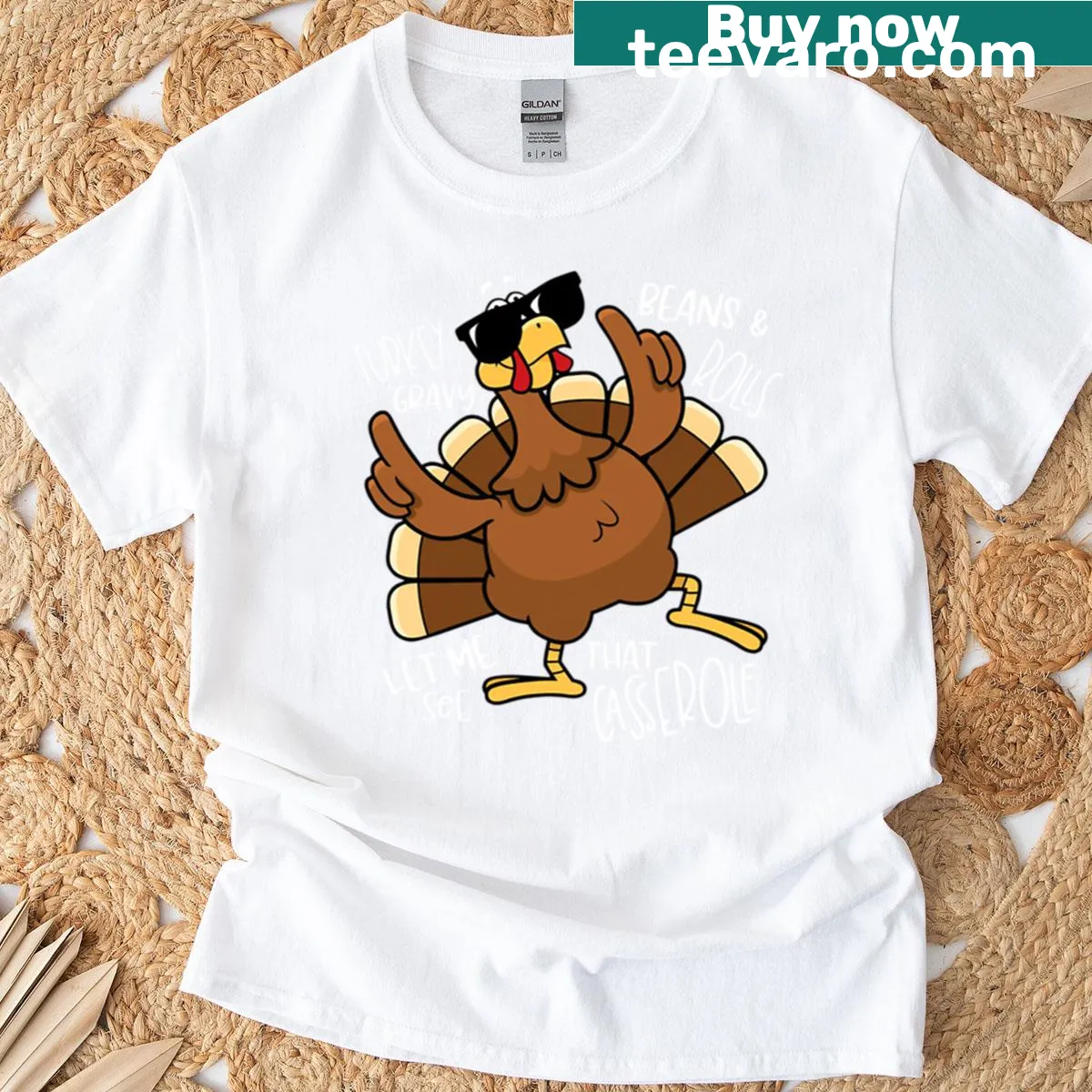 Fun Thanksgiving-themed T-shirt with humorous casserole graphic — on a men's t-shirt