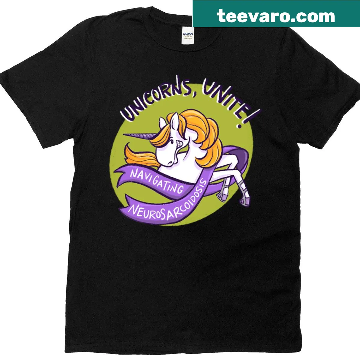 Unicorns unite logo design on a T-shirt with a green background — on a men's t-shirt