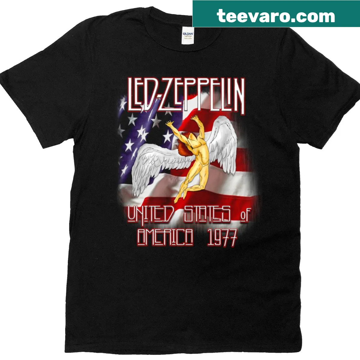 1977 tour poster styled T-shirt featuring USA design — on a men's t-shirt