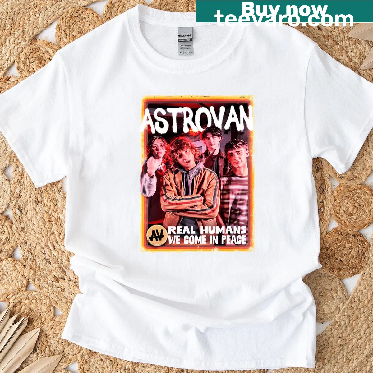 Playful cartoon design featuring an Astrovan and humans on a t-shirt — on a men's t-shirt