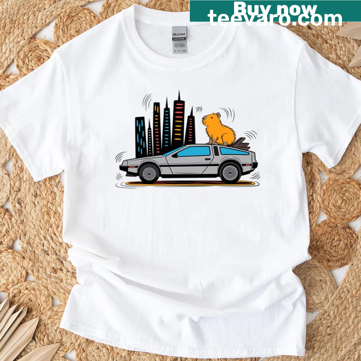 Cartoon graphic T-shirt featuring a capybara and vintage car — on a men's t-shirt