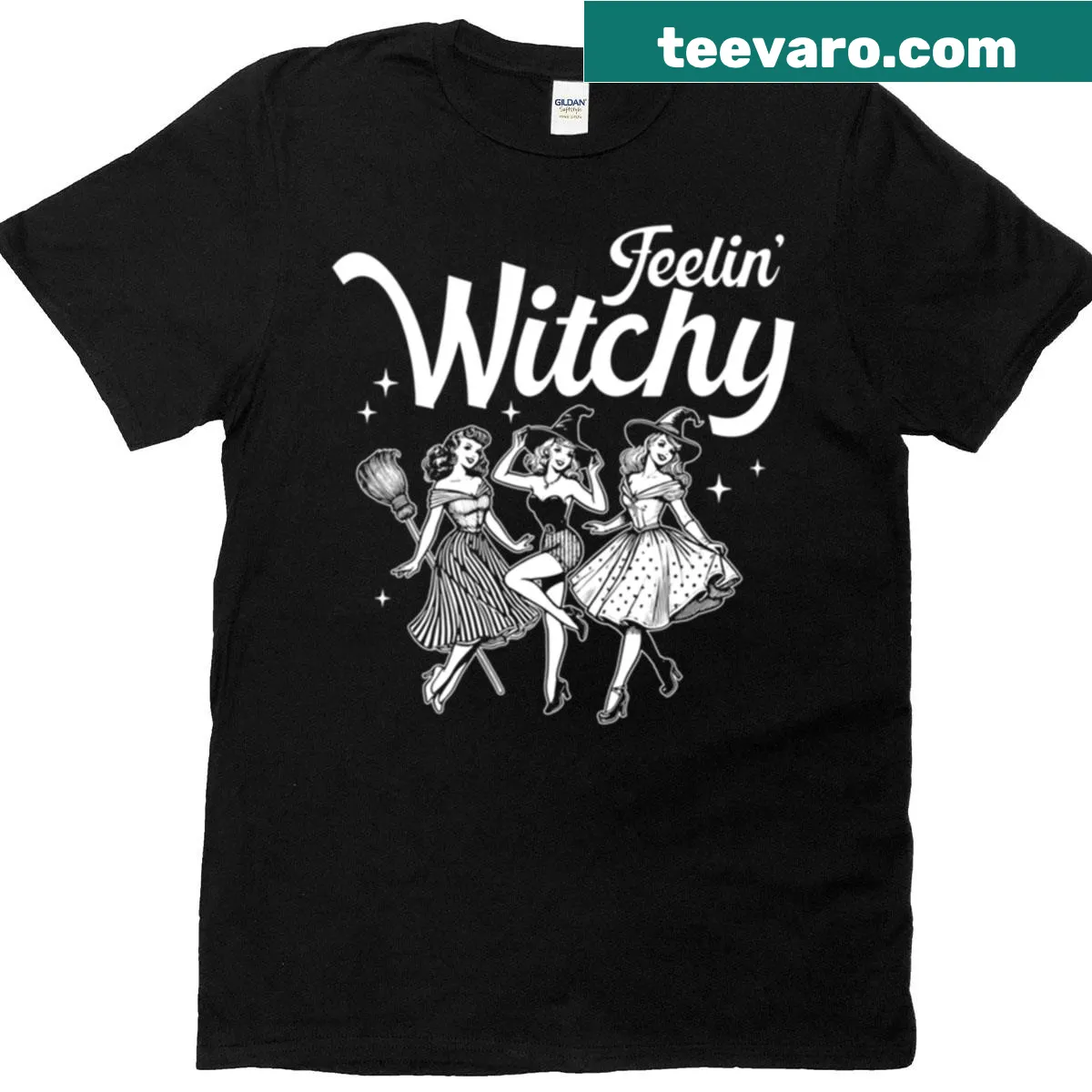 Vintage-style T-shirt with witchy graphic design — on a men's t-shirt