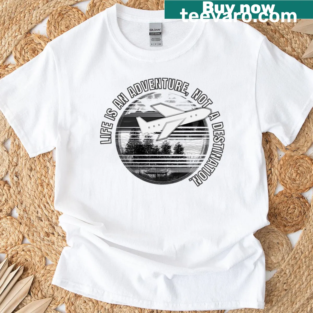 Vintage travel logo T-shirt with a distressed look — on a men's t-shirt