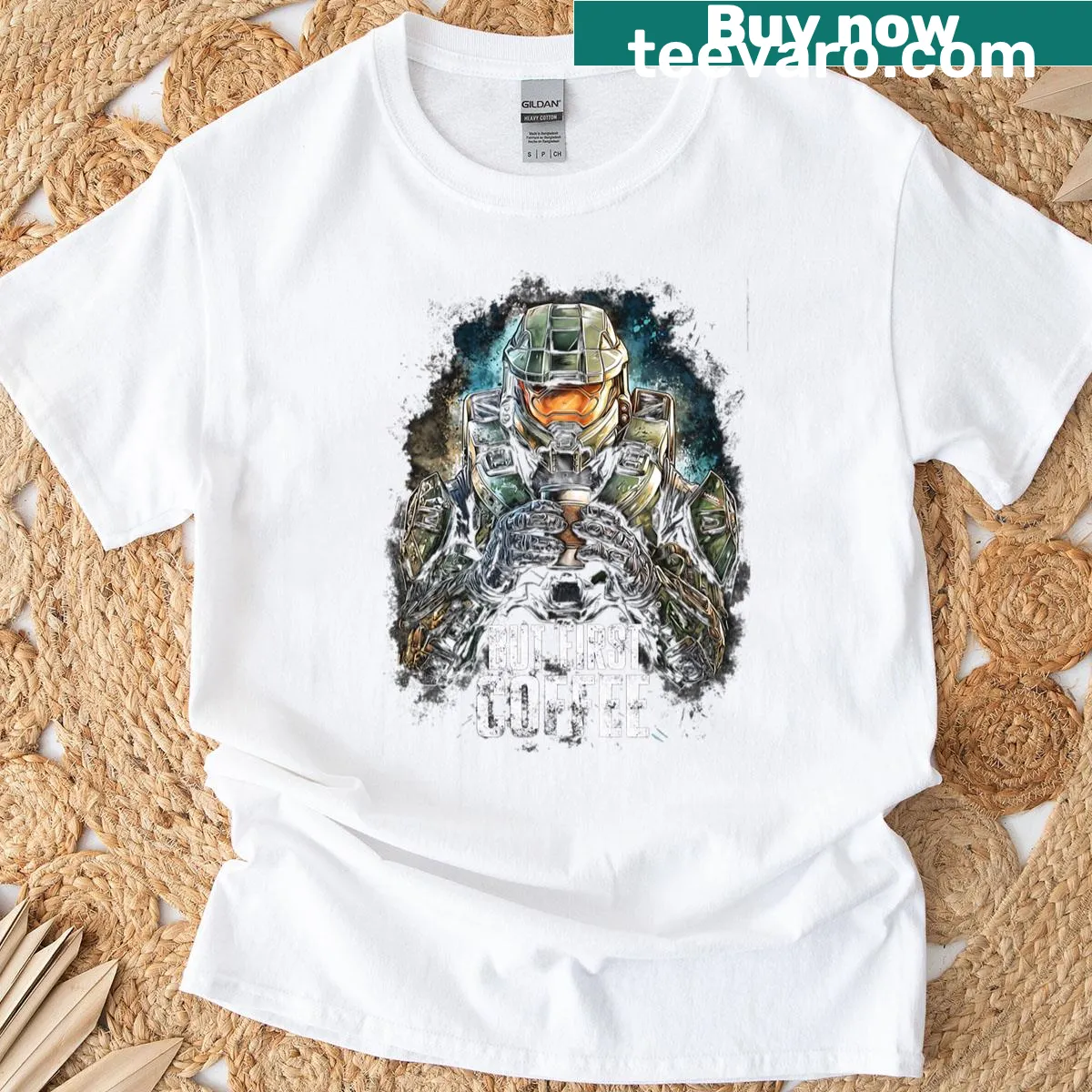 Humorous illustration of a Spartan with coffee graphic t-shirt — on a men's t-shirt