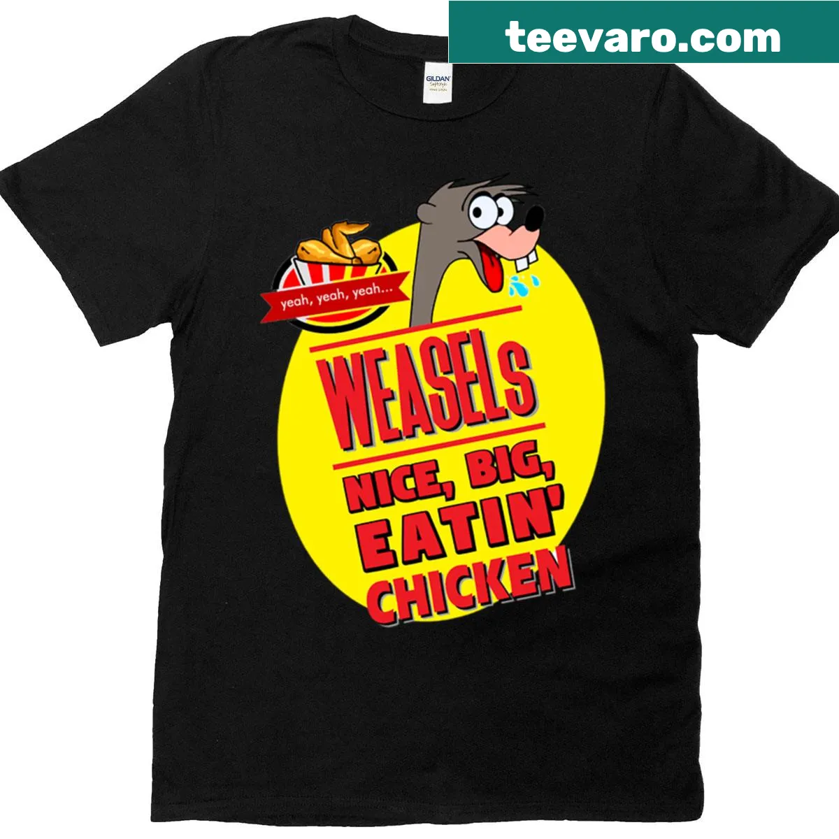 Cute t-shirt featuring a whimsical chicken logo with weasels — on a men's t-shirt