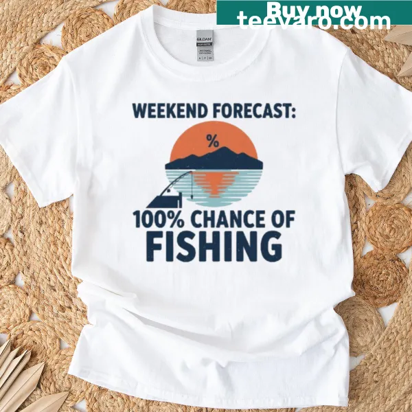 Fishing-themed graphic t-shirt with playful forecast design