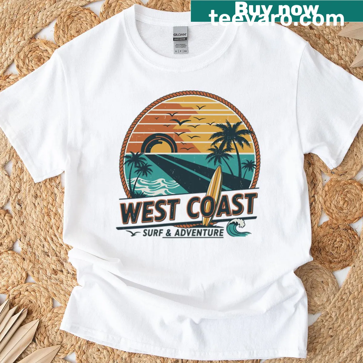 West Coast surf adventure sunset emblem graphic t-shirt — on a men's t-shirt