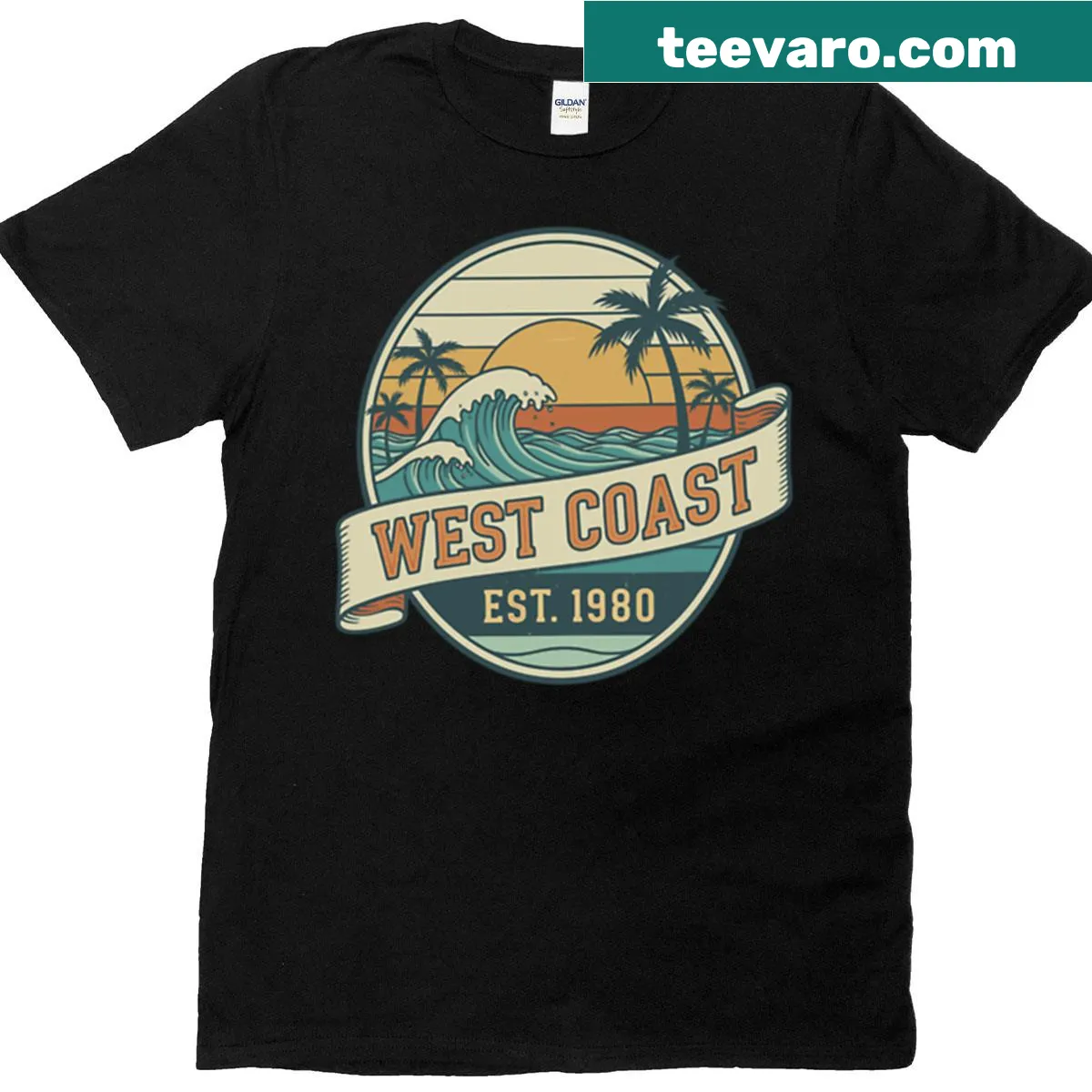 Vintage wave badge t-shirt celebrating the West Coast lifestyle. — on a men's t-shirt