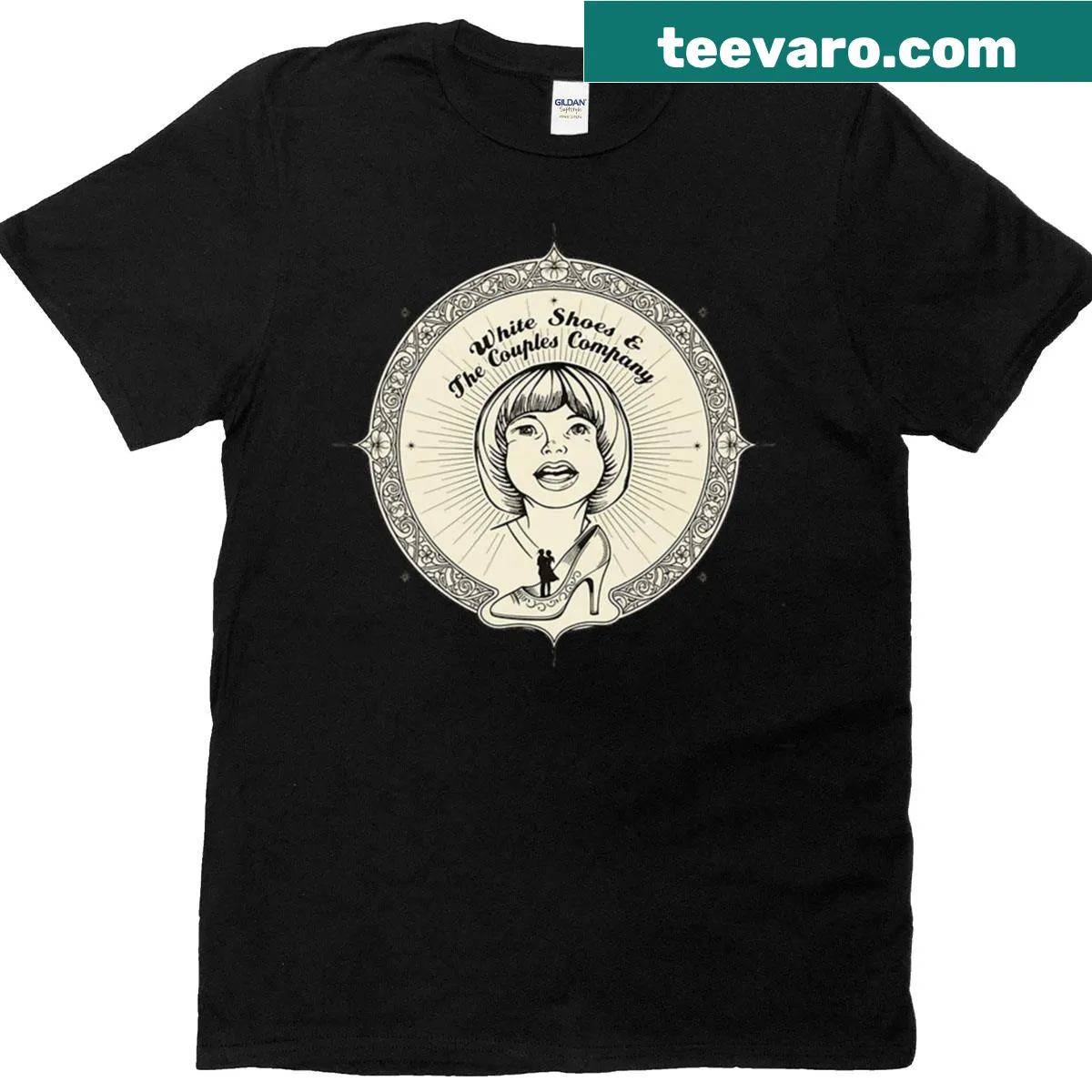 Couple-themed shirt featuring a playful logo about white shoes. — on a men's t-shirt
