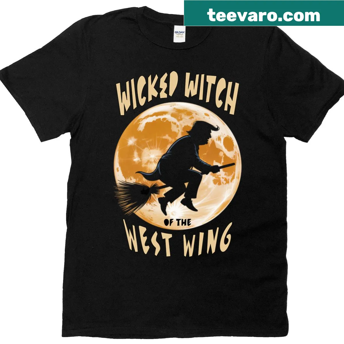 Witch riding a broomstick across the moon with a humorous twist. — on a men's t-shirt