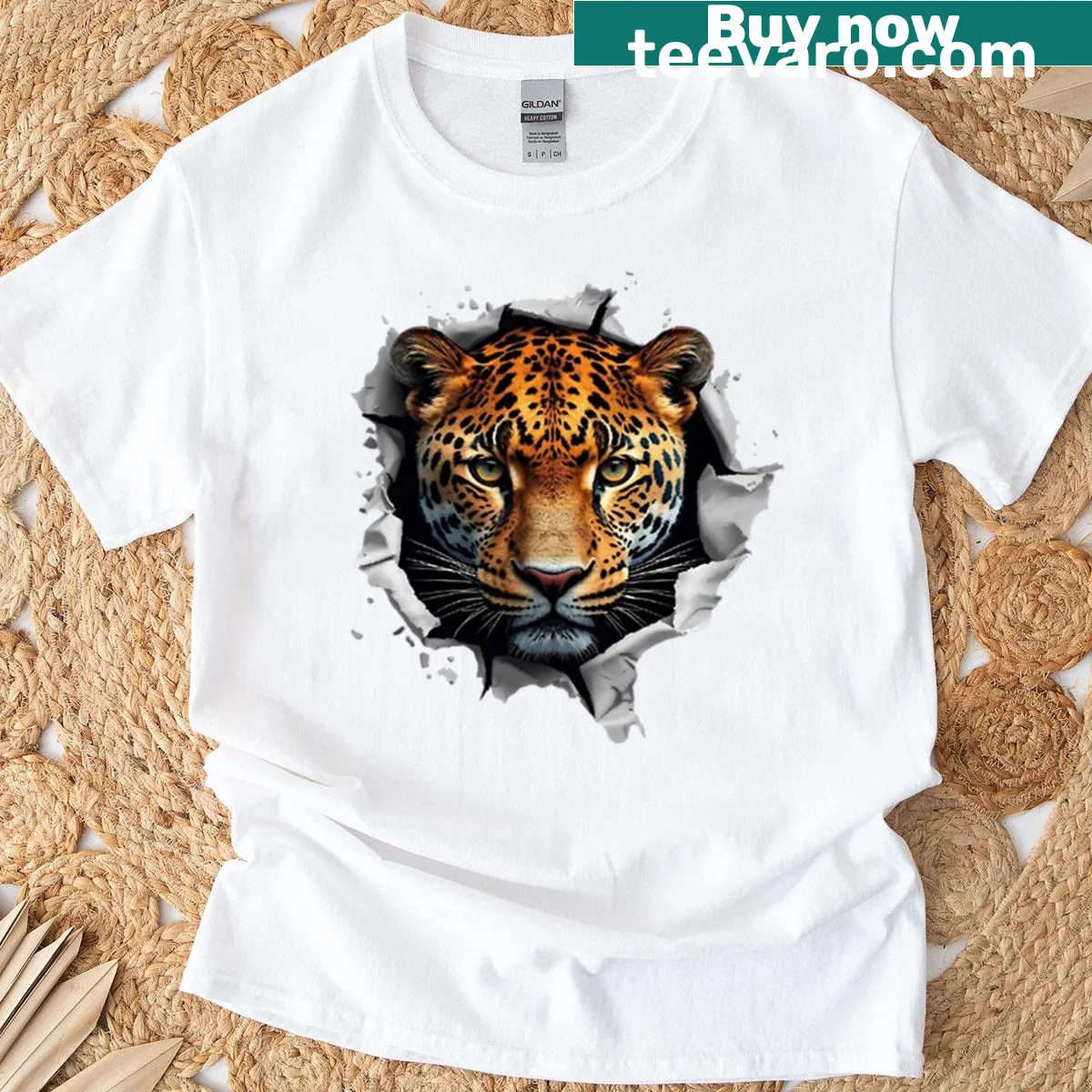 Fierce leopard graphic t-shirt design — on a men's t-shirt