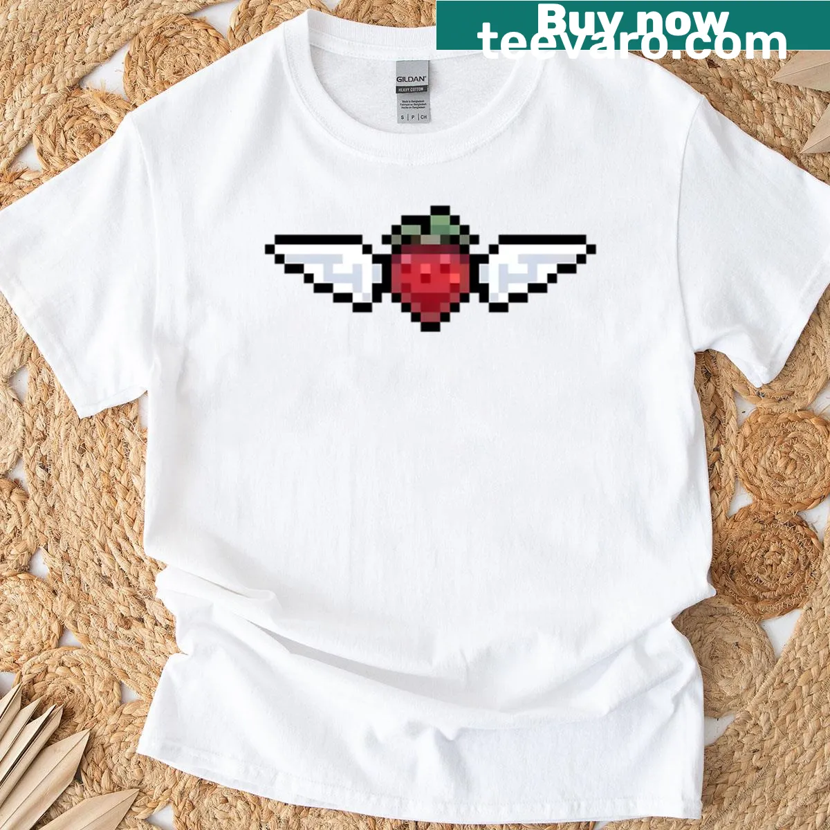Cute cartoon T-shirt with a winged strawberry graphic — on a men's t-shirt
