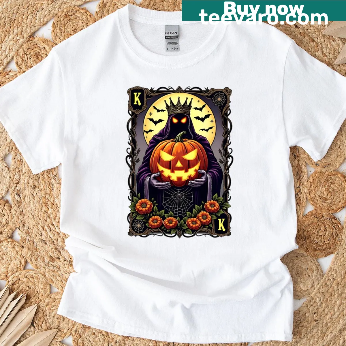 Vintage Halloween plaid pattern T-shirt with witch theme — on a men's t-shirt