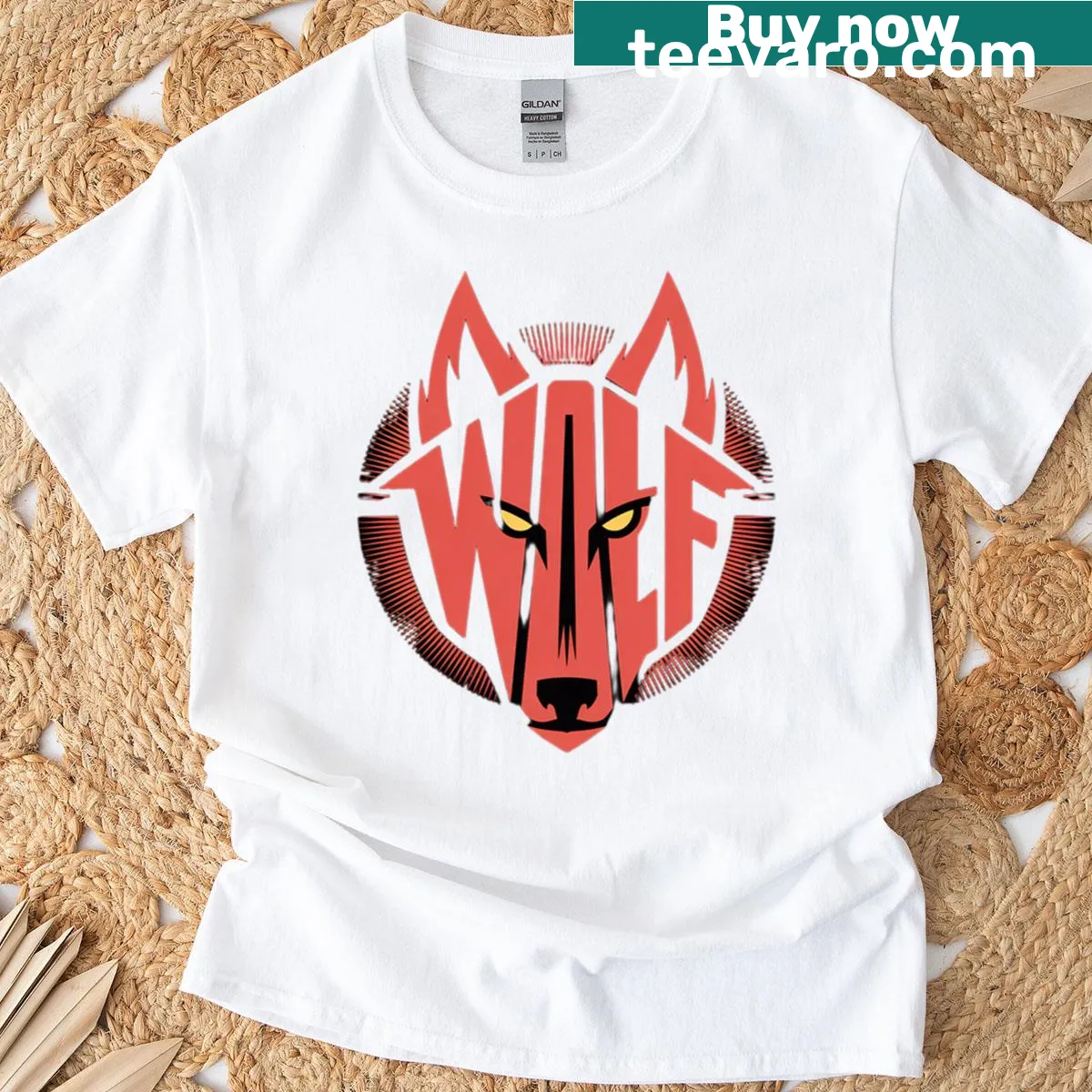 Wolf head typography logo graphic t-shirt design — on a men's t-shirt