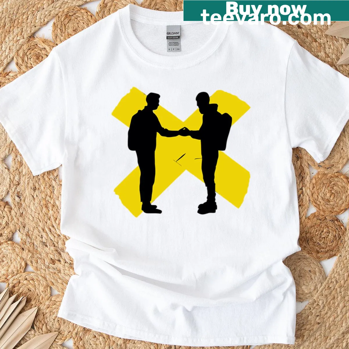 Minimalist bandage design T-shirt in yellow — on a men's t-shirt