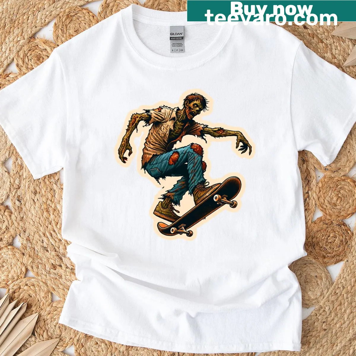 Edgy zombie skater boy street art graphic t-shirt — on a men's t-shirt
