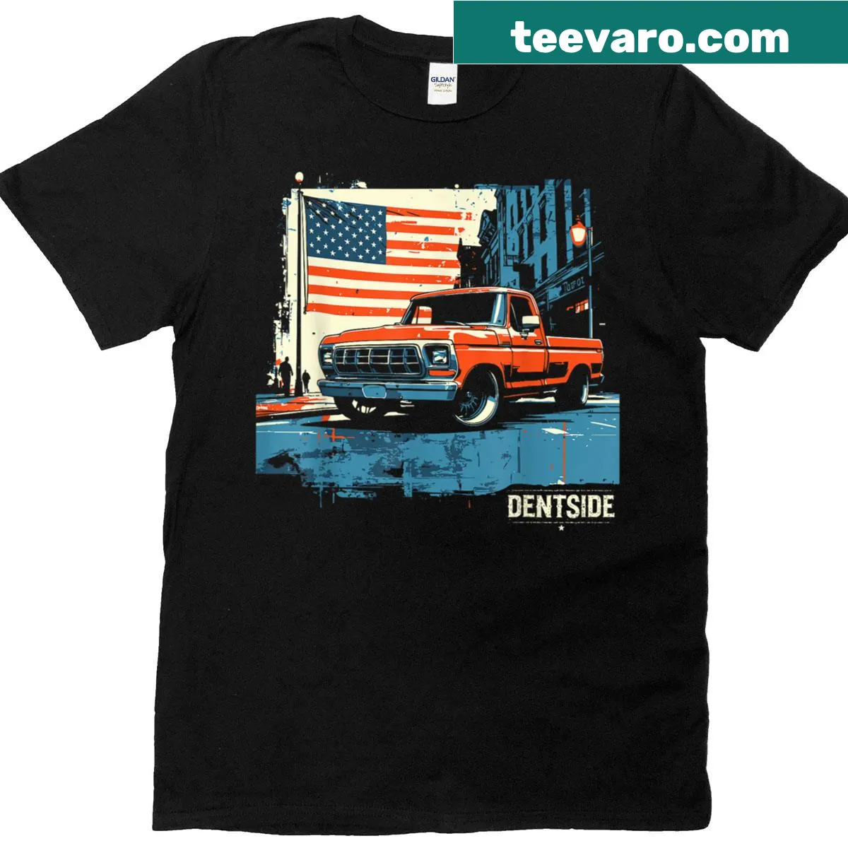 Illustrated T-shirt featuring a 1977 Dentside truck in a city scene — on a men's t-shirt