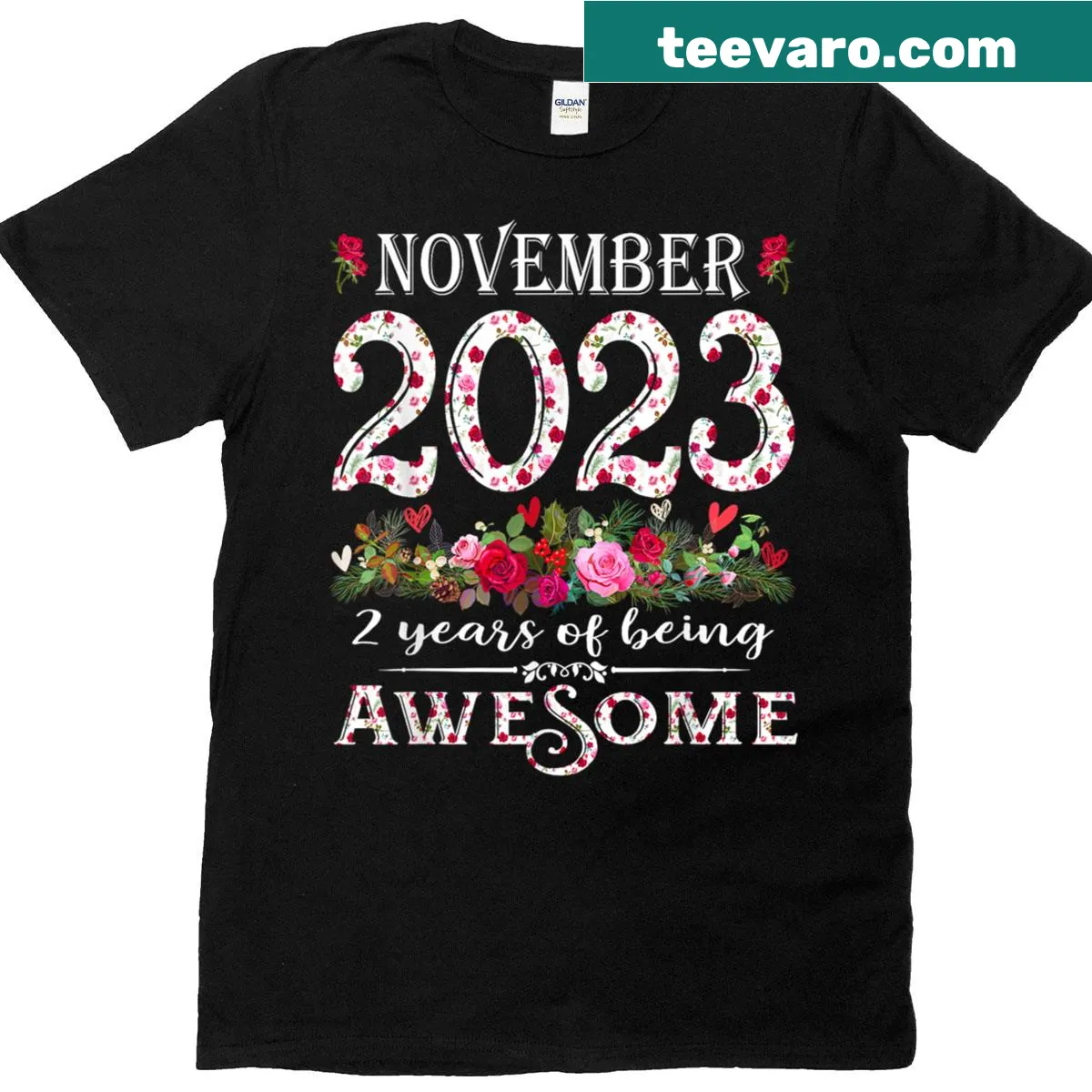 Floral 2nd birthday T-shirt for kids with 'Awesome' text — on a men's t-shirt