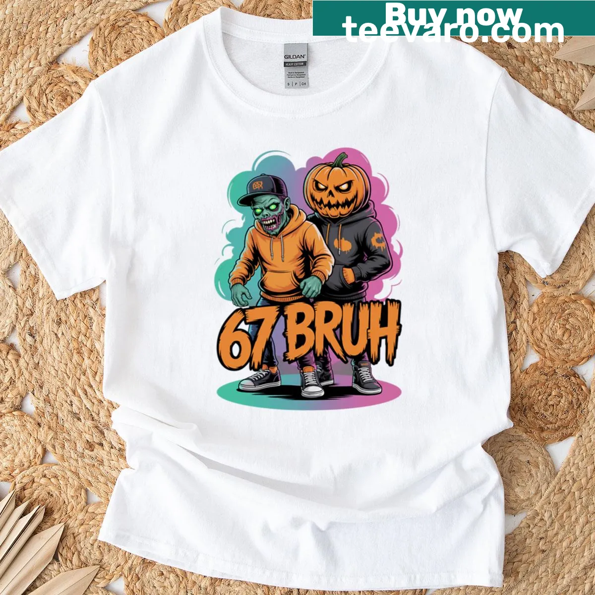 Funny cartoon zombie pumpkin meme t-shirt for Halloween — on a men's t-shirt