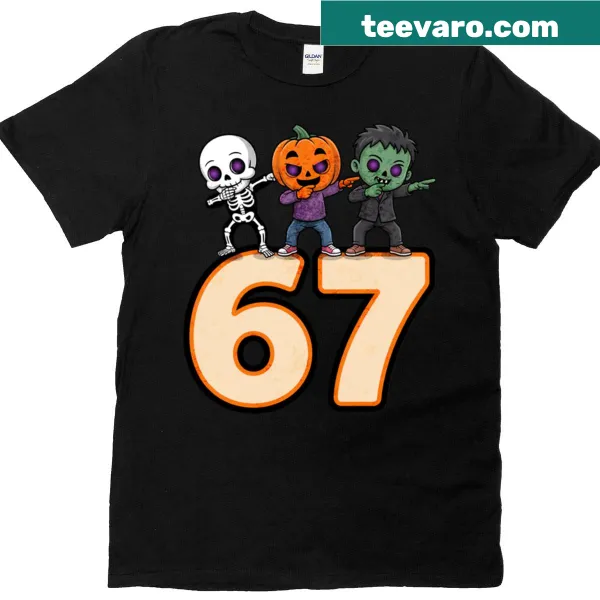 Skeleton monster trio graphic on a Halloween-themed t-shirt