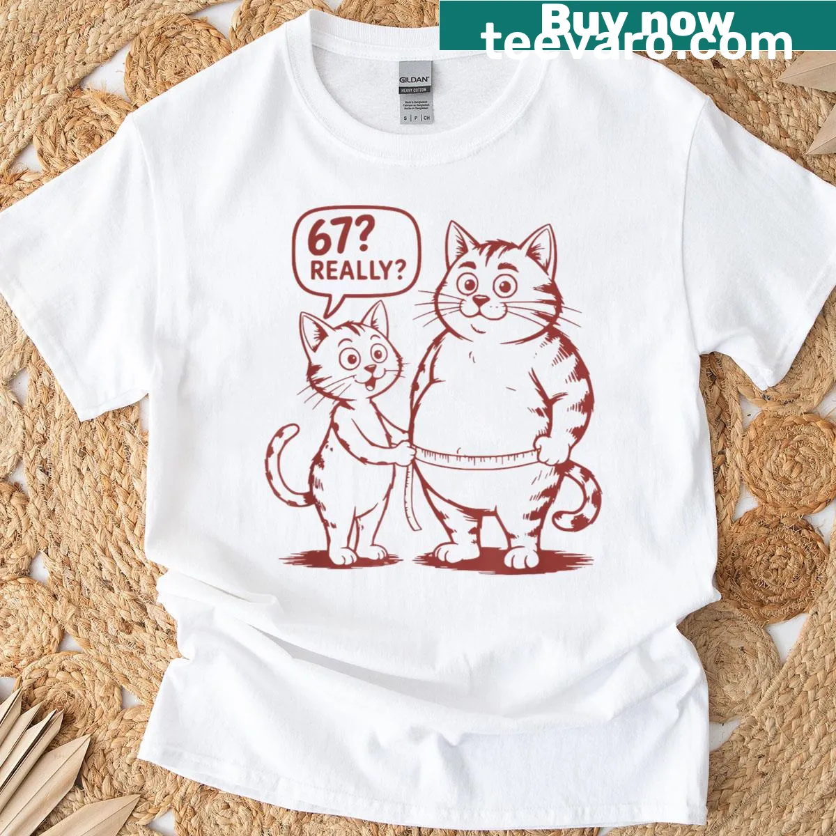 Funny t-shirt featuring cat memes with the number 67 — on a men's t-shirt