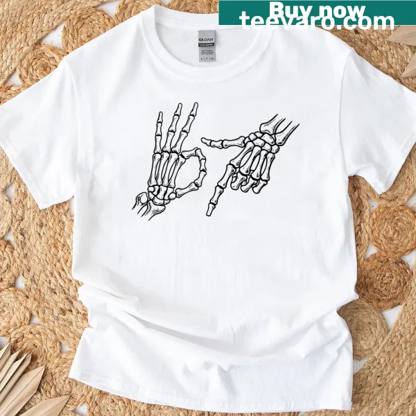 Edgy Halloween t-shirt with skeleton hands and meme graphic