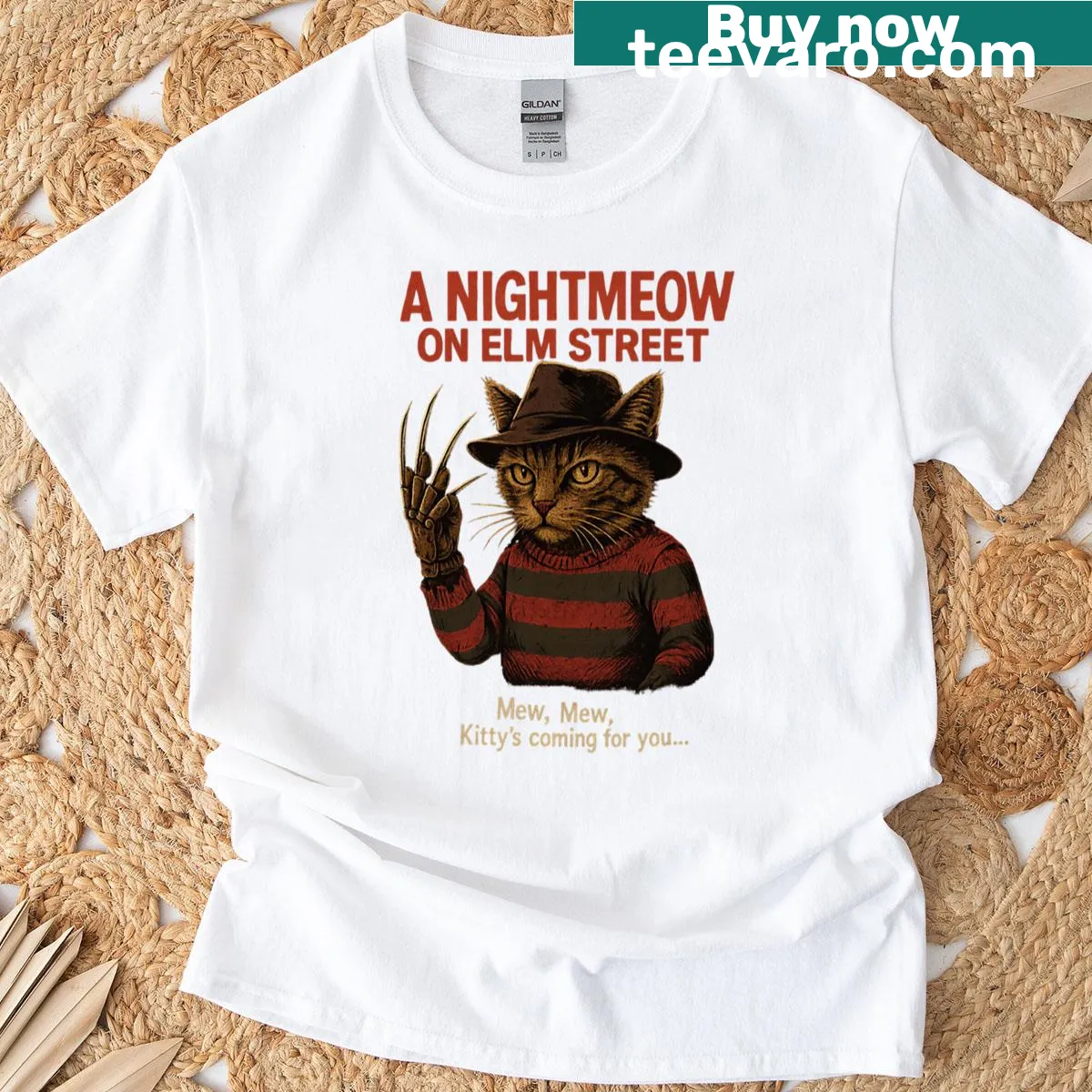 Vintage cat-themed horror movie t-shirt with pun — on a men's t-shirt