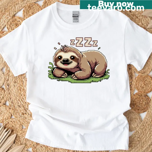 Cute pixel art t-shirt featuring a sleeping sloth