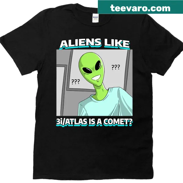 Graphic of comets and aliens with text on oversized T-shirt.
