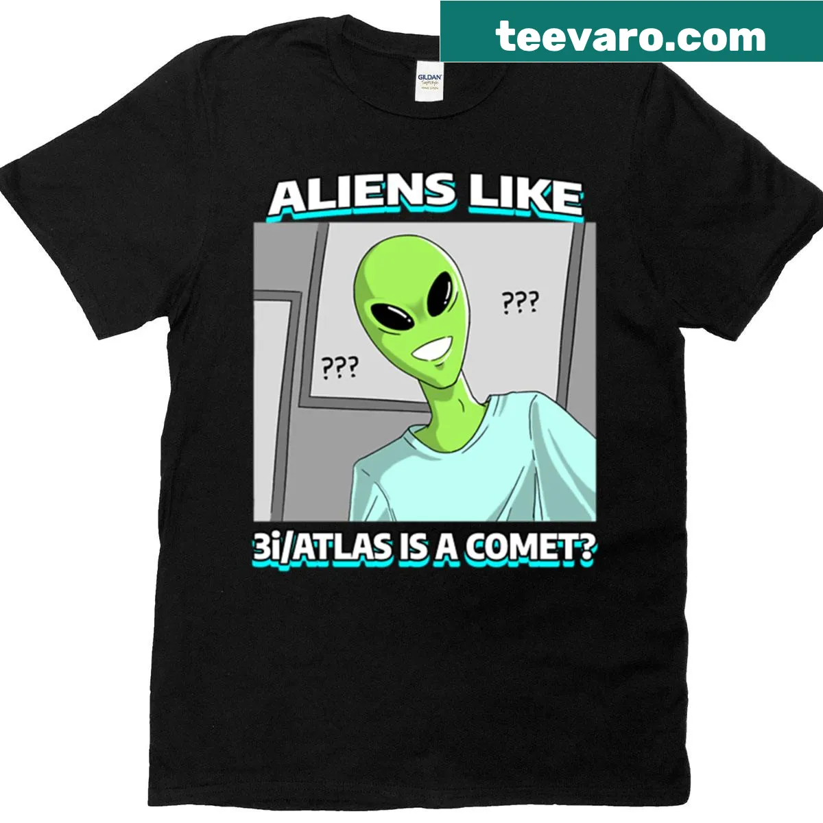 Graphic of comets and aliens with text on oversized T-shirt. — on a men's t-shirt
