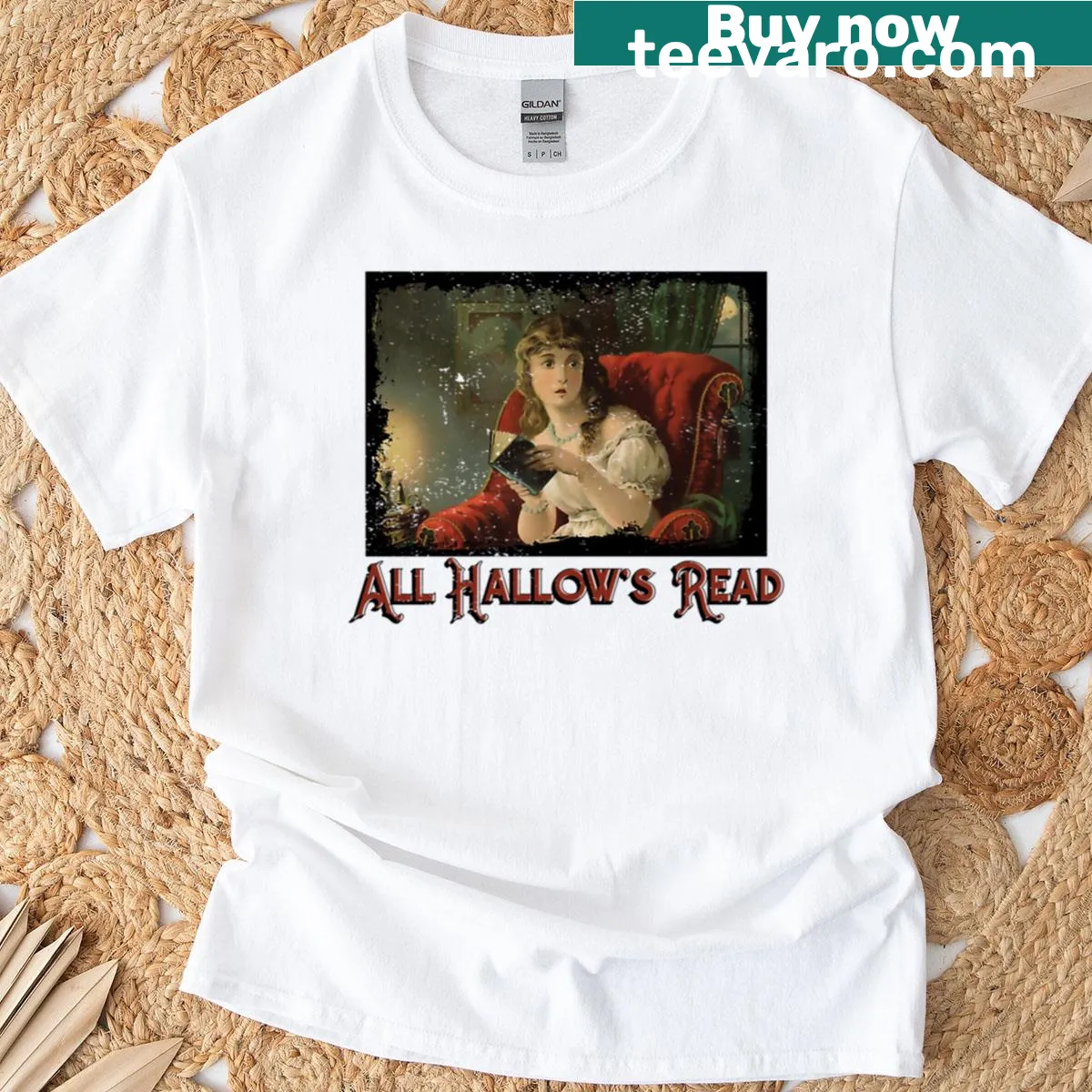 Oversized Halloween T-shirt promoting All Hallows Read — on a men's t-shirt