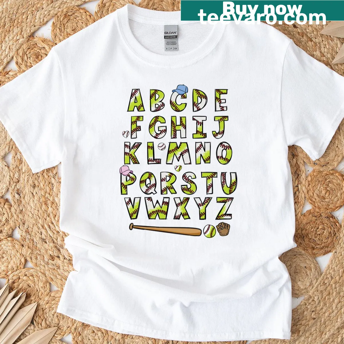 Illustrative teacher t-shirt featuring alphabet letters with baseball theme — on a men's t-shirt