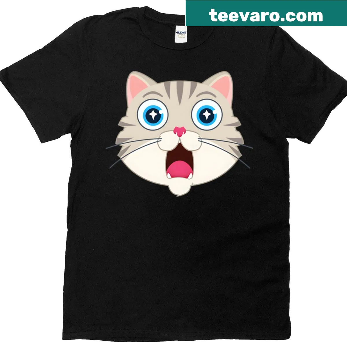 Cute cartoon cat face graphic T-shirt — on a men's t-shirt