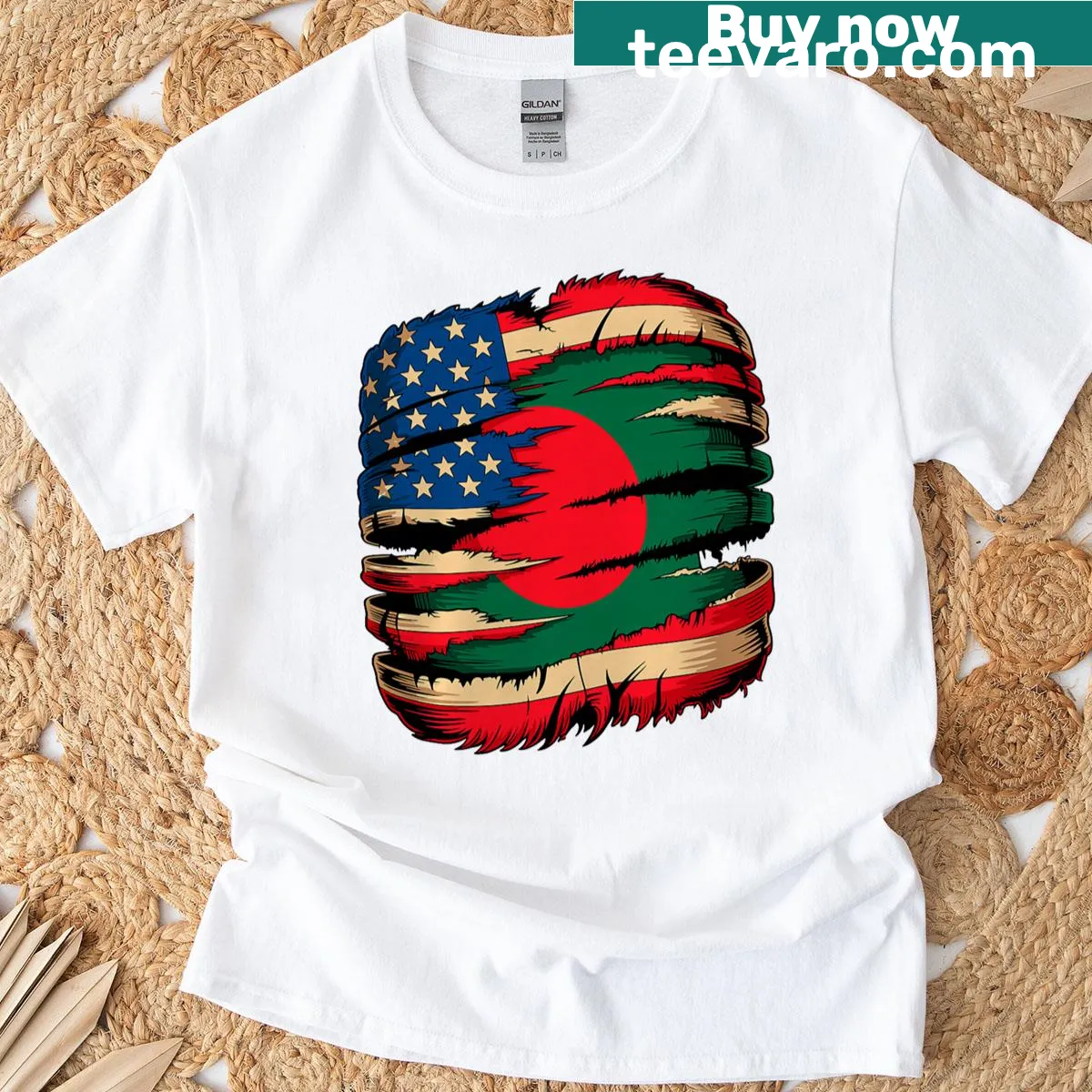 Patriotic T-shirt featuring American flag and bear paw design — on a men's t-shirt