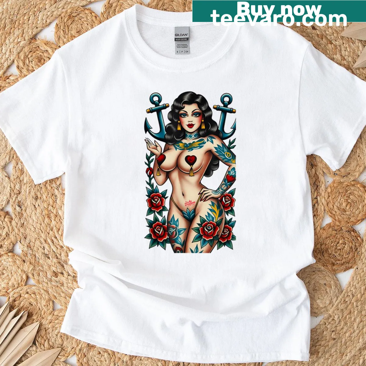 Vintage tattoo art t-shirt featuring an anchor and rose design — on a men's t-shirt