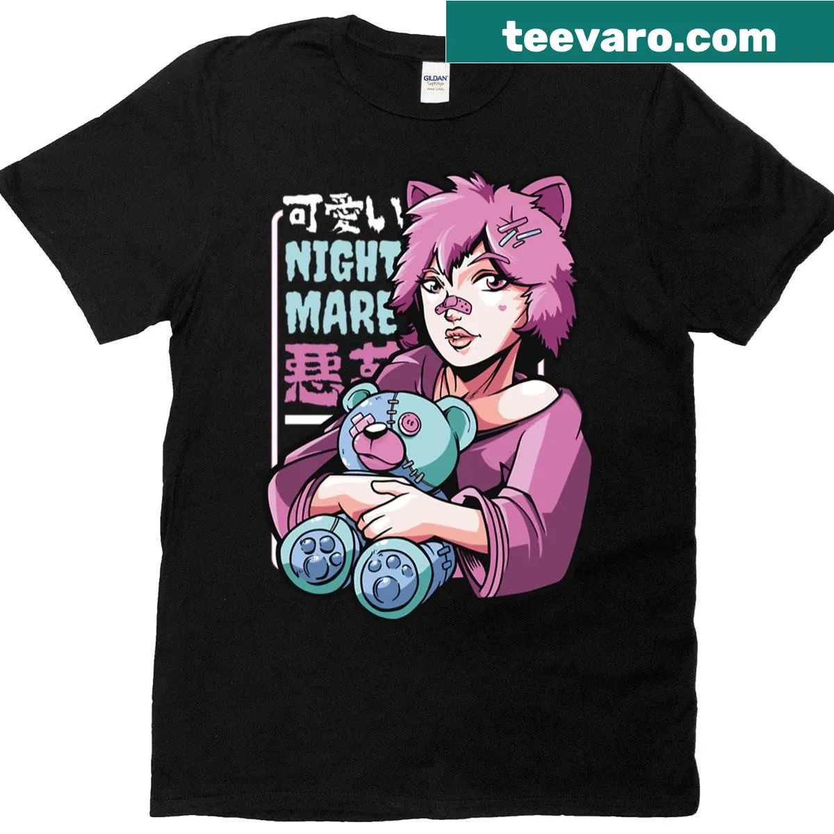 Anime girl with teddy bear in a whimsical design for everyday wear — on a men's t-shirt