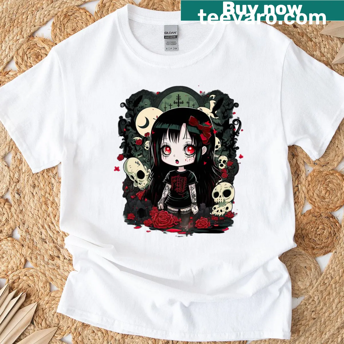 Kawaii anime horror t-shirt featuring chibi gothic designs — on a men's t-shirt