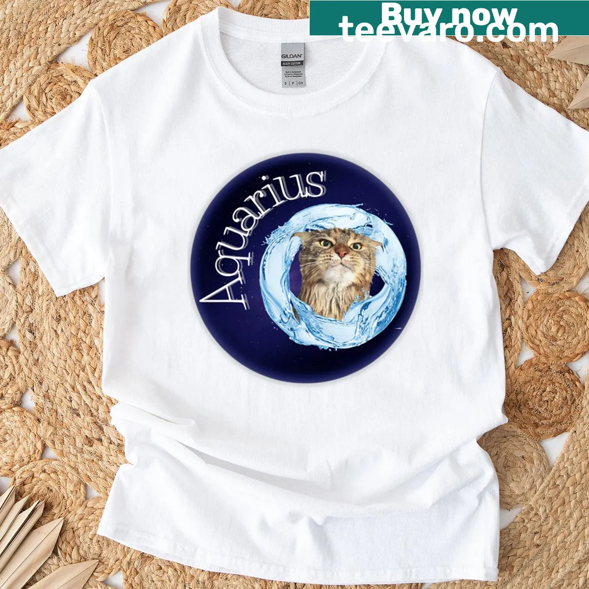 Illustration of a wet cat representing Aquarius zodiac — on a men's t-shirt