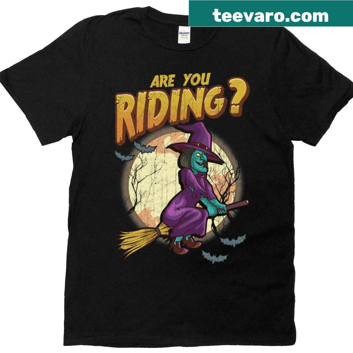 Funny Halloween-themed graphic of a ghost and witch on T-shirt — on a men's t-shirt
