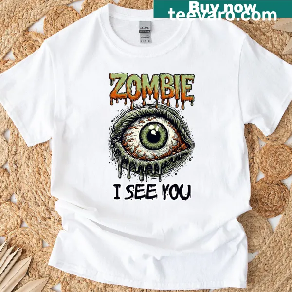 T-shirt with a disturbing zombie eye art print for Halloween